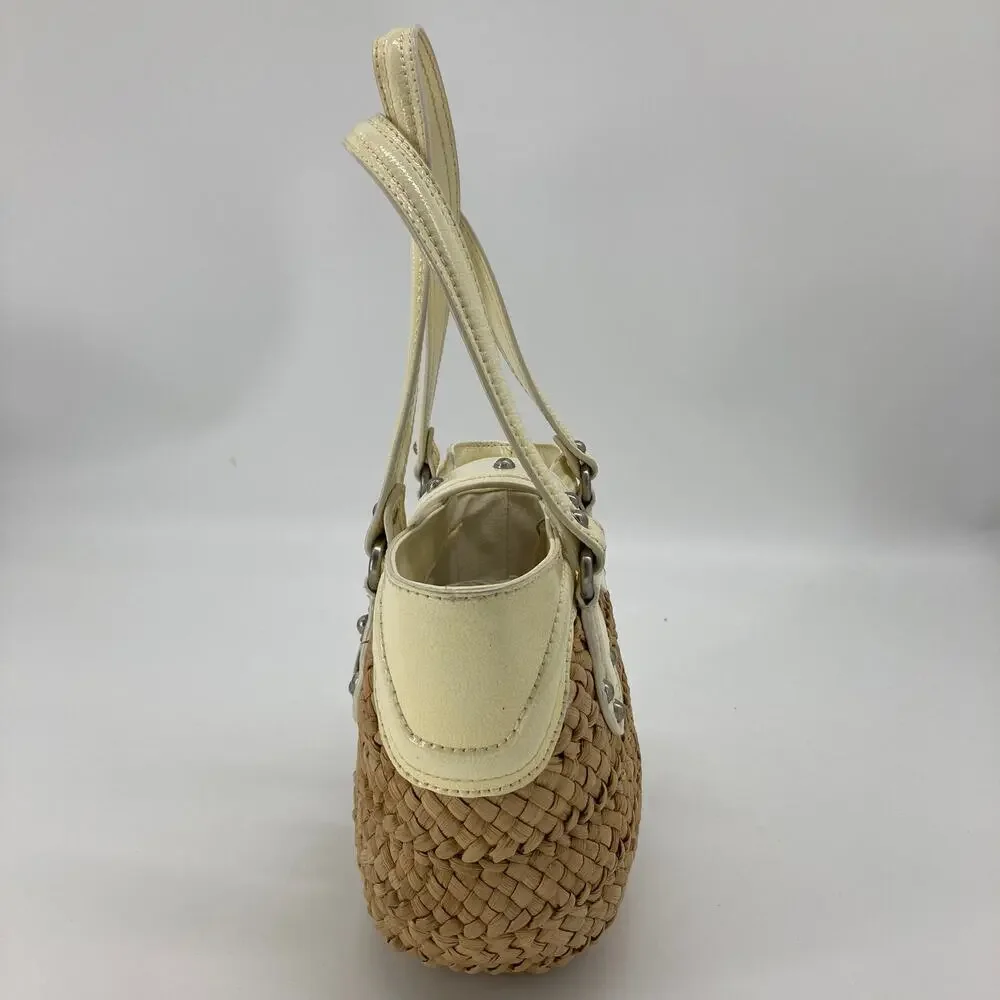 Michael Kors, brown basket weave, patten leather trim